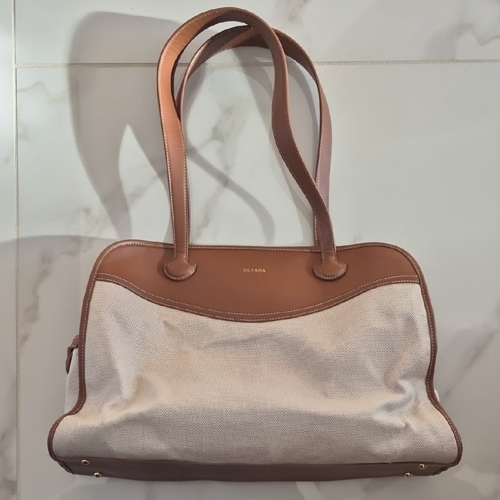 Beige and Brown Canvas Tote Bag